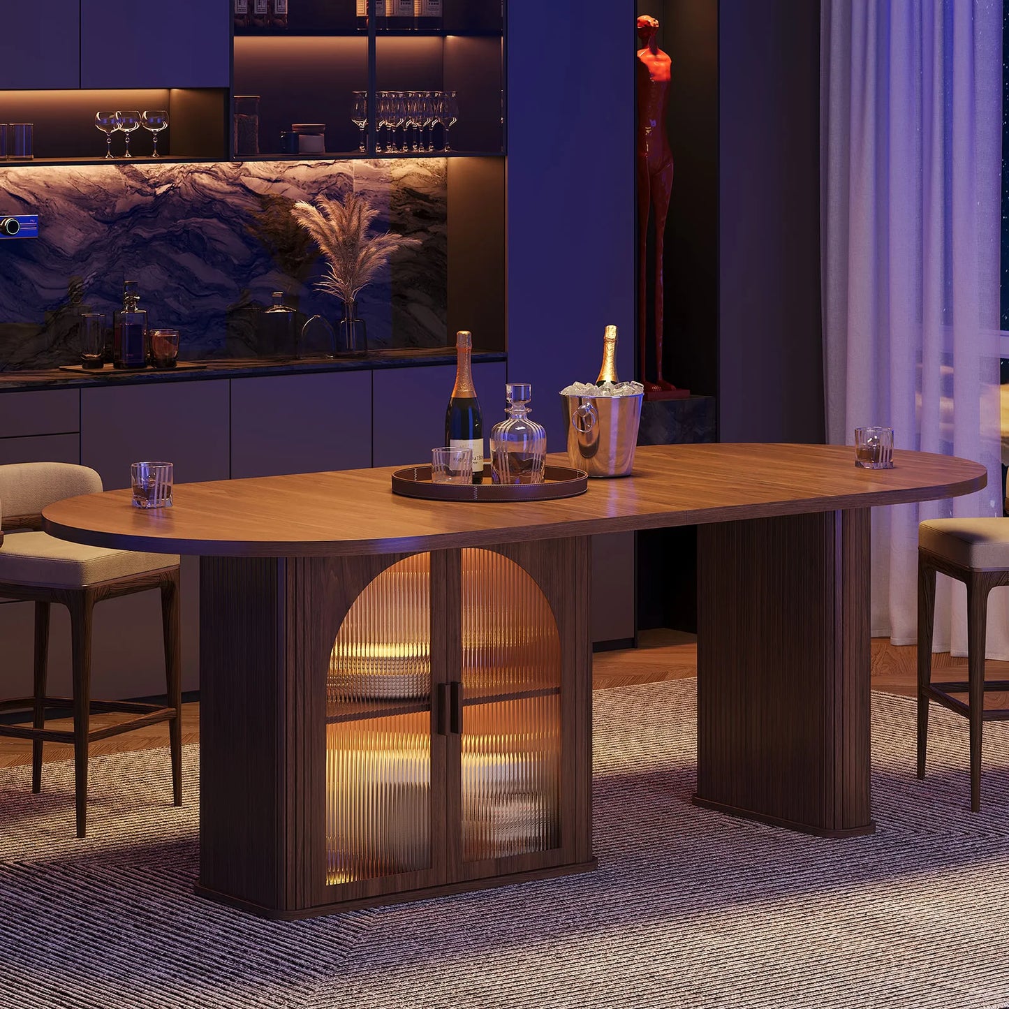 Onbrill Modern Oval Wood Dining Table With Led Lighting