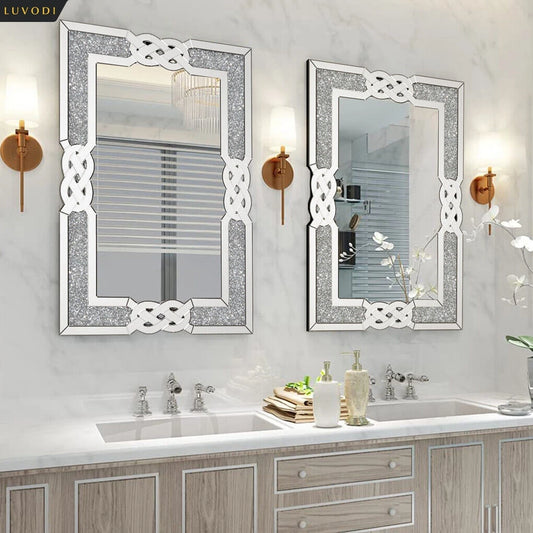 LUVODI Silver Crystal Crush Glass Decorative Wall Mirror