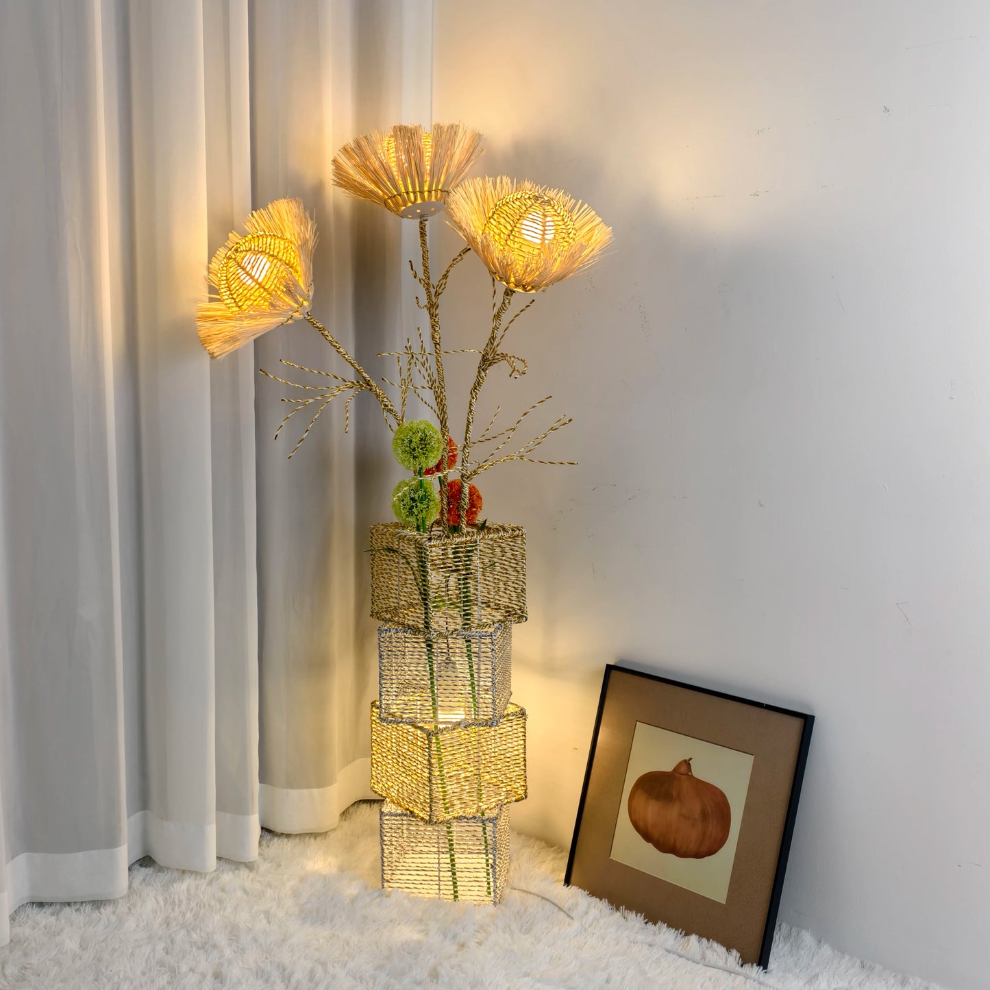 Modern Rattan Floor Lamp Dimmable with LED Bulbs Living Room