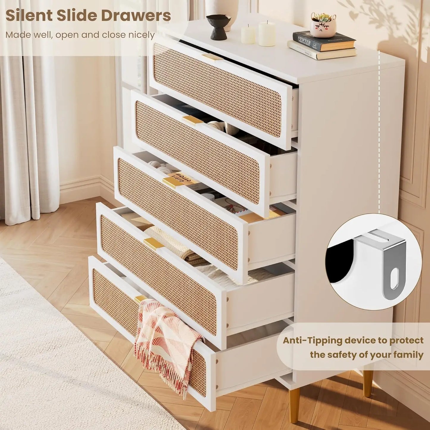 Natural Rattan Woven Five Drawer Wooden Bedroom Dresser