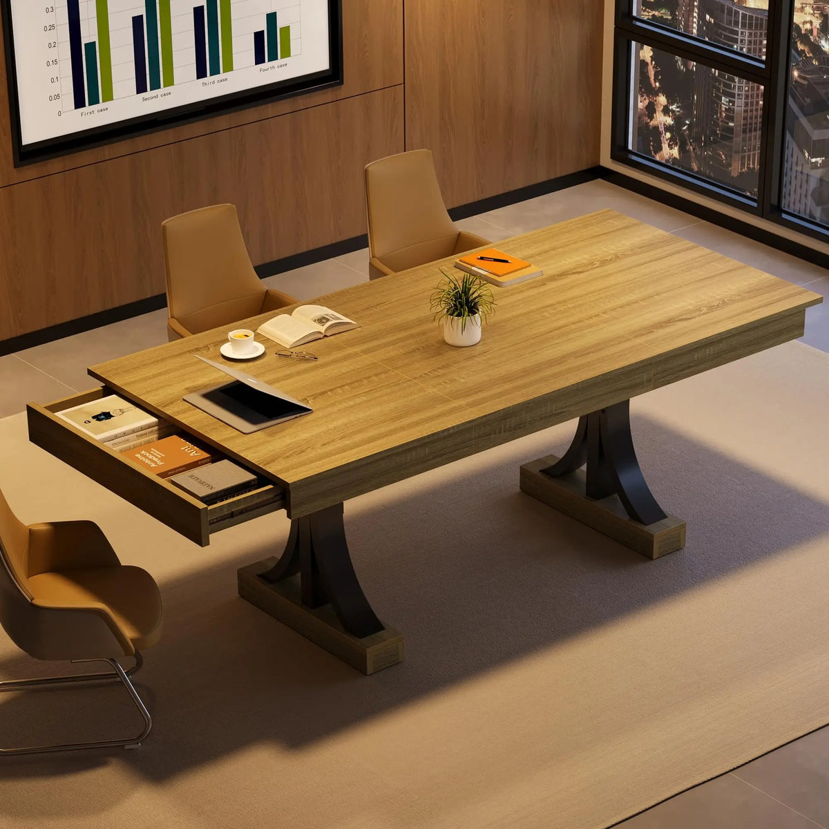 HiMiss Industrial Rectangular Dining Table With Two Drawers