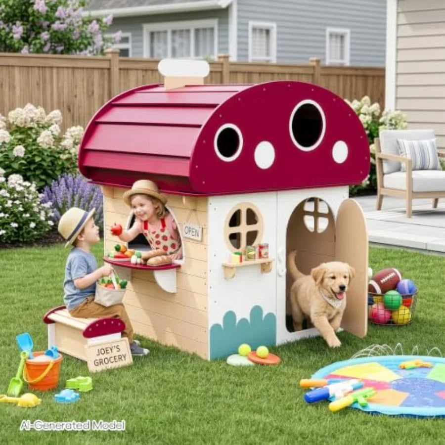 MDNG Solid Wood Kids Playhouse With Chalkboard And Utility Table