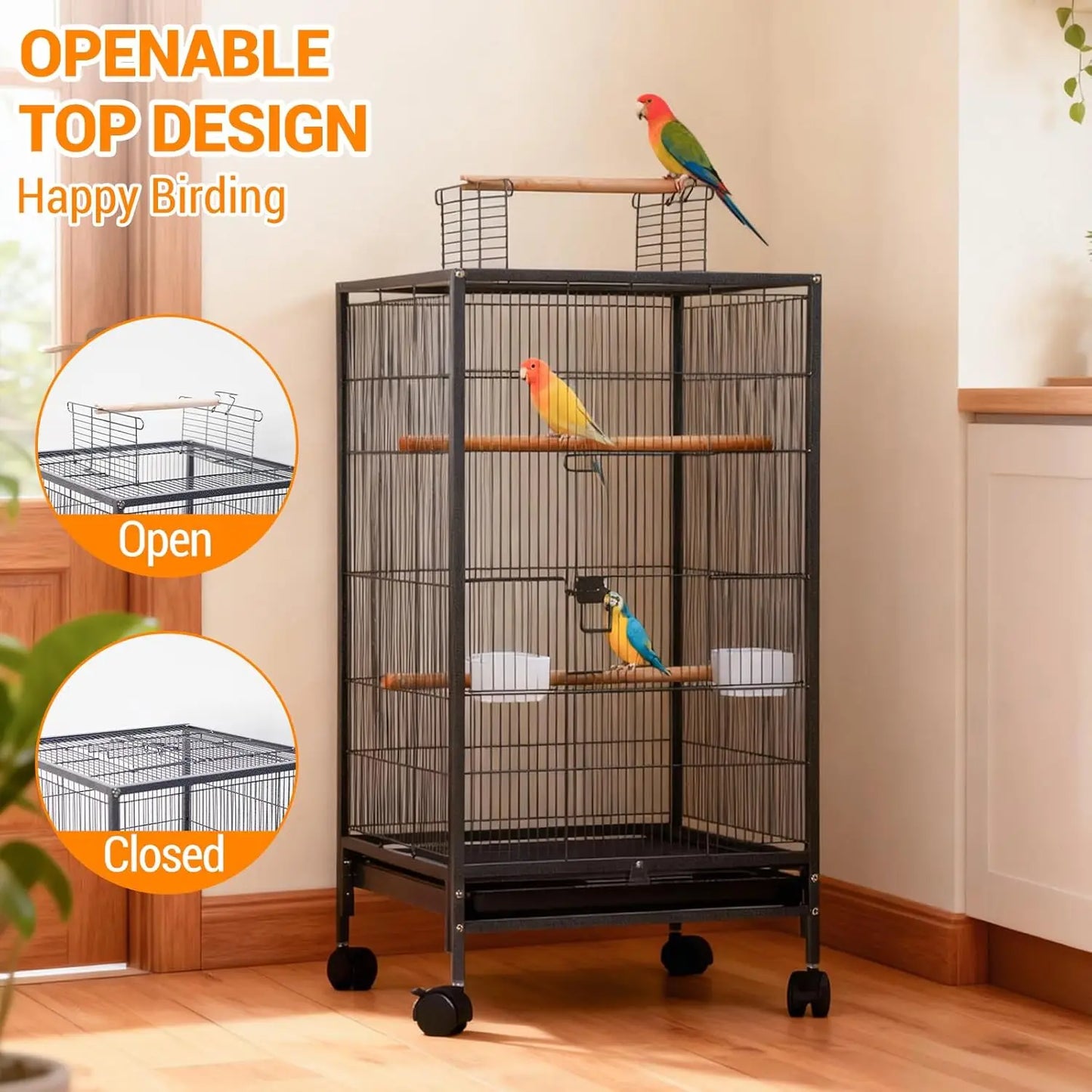 HiMiss Open Top Bird Cage With Rolling Stand And Tray
