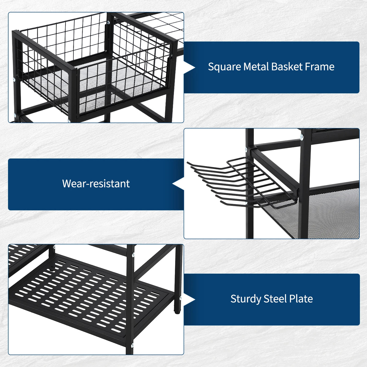 3-Tier Steel Garden Tool Organizer Rack With Shelves and Hooks
