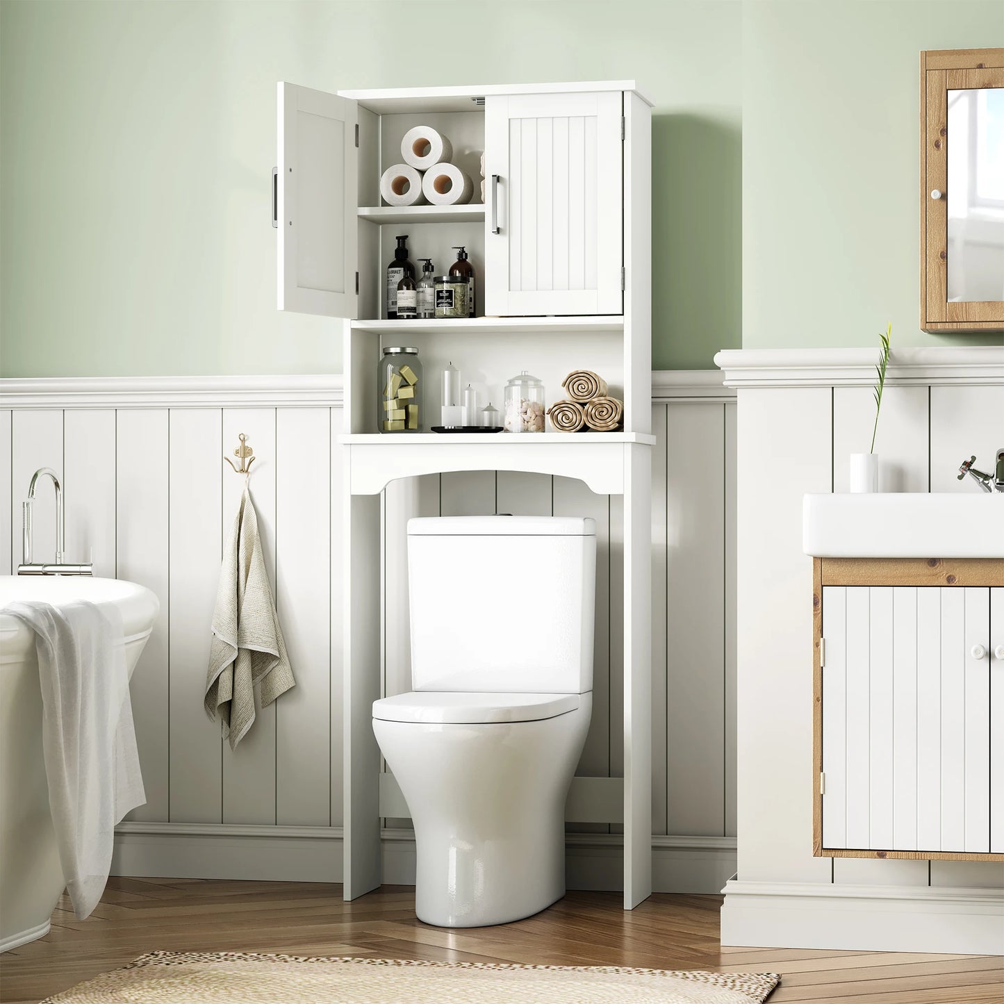 HiMiss Over Toilet Storage Cabinet With Double Doors And Shelf