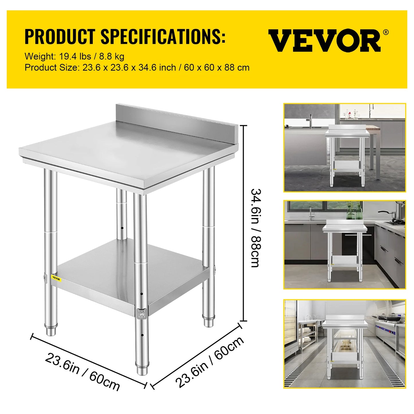 Commercial Kitchen Work Bench With Undershelf Stainless Steel 330LBS