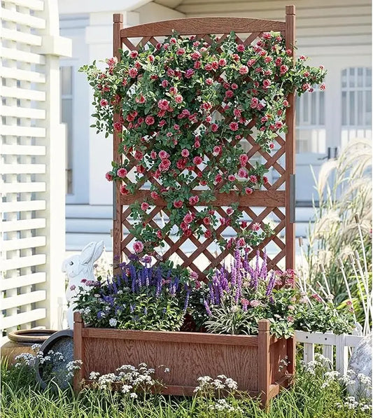 Wooden Raised Planter Box With Trellis And Locking Wheels