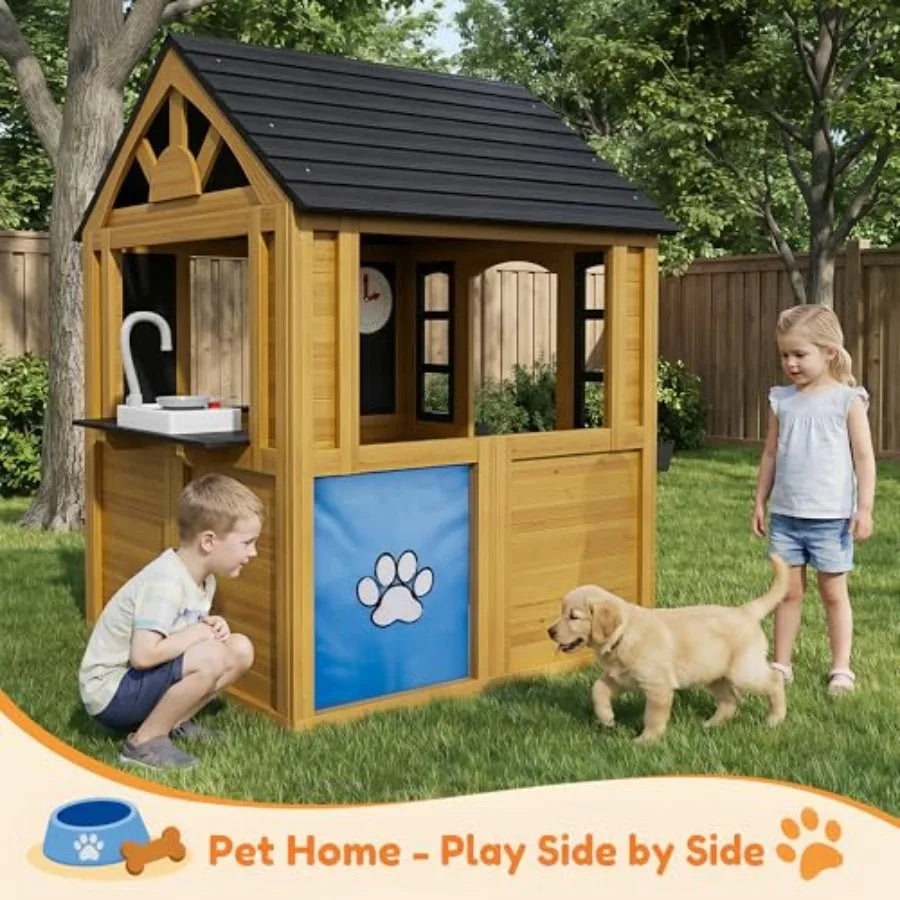 MDNG Outdoor Wooden Toddler Playhouse With Kitchen And Snack Bar