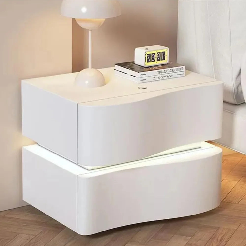 MOYU Solid Wood Nightstand with LED Strip Drawer Bedside Table