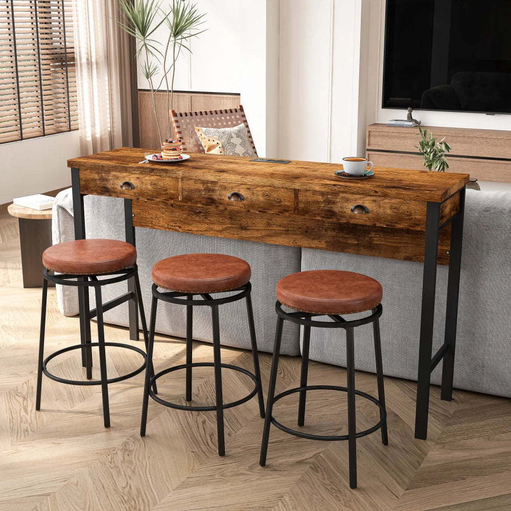 Three Drawer Dining Table Set With Power Outlets And PU Stools