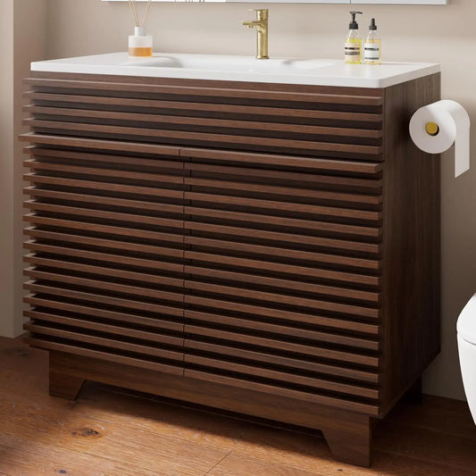 Fluted Modern Bathroom Vanity With Ceramic Sink For Elegant Storage
