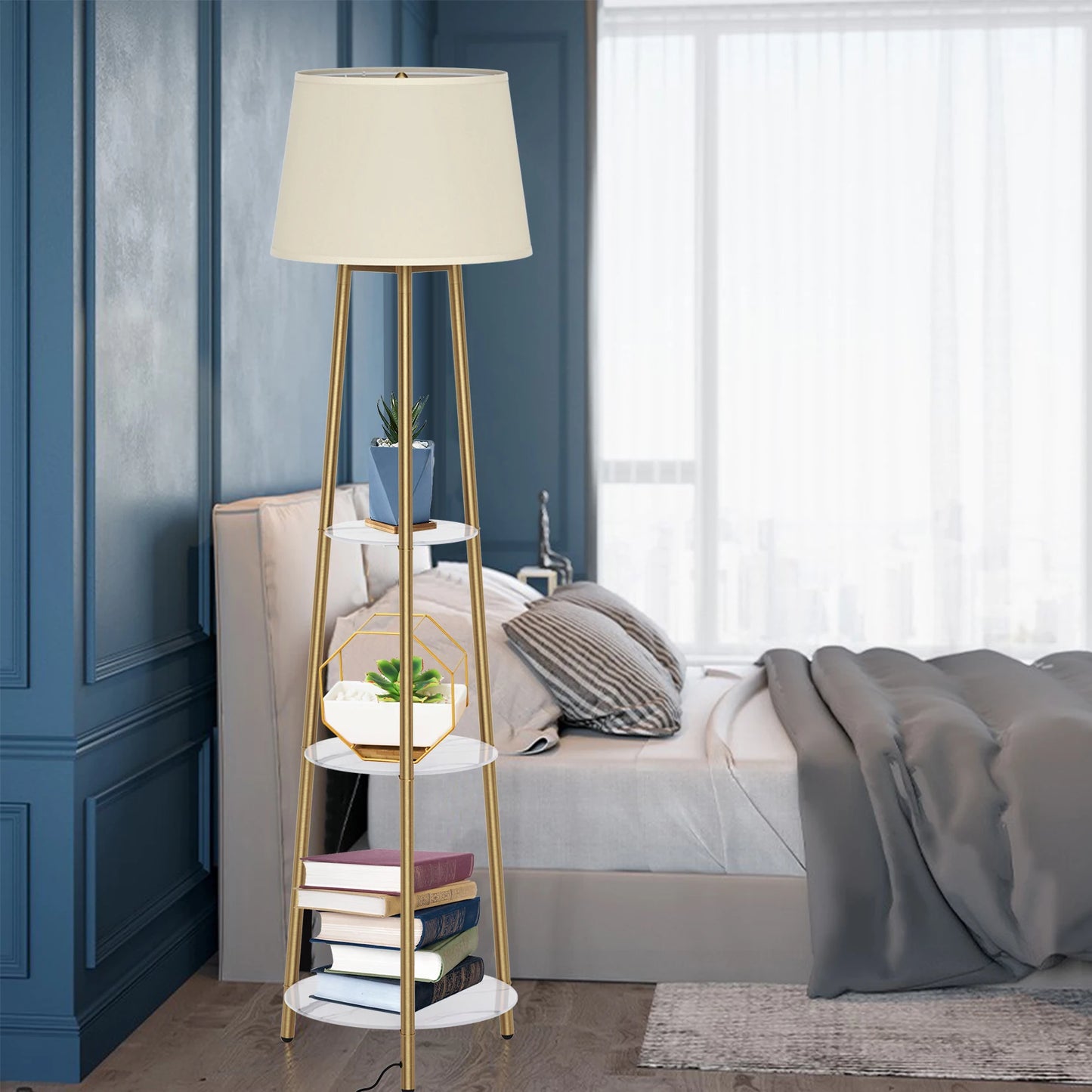 Vrygle Modern Tripod Floor Lamp With Adjustable Dimmable LED Shelves