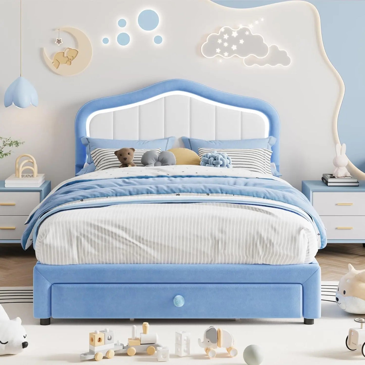 Studyset Kids Velvet Upholstered Bed Frame With LED Crown Headboard