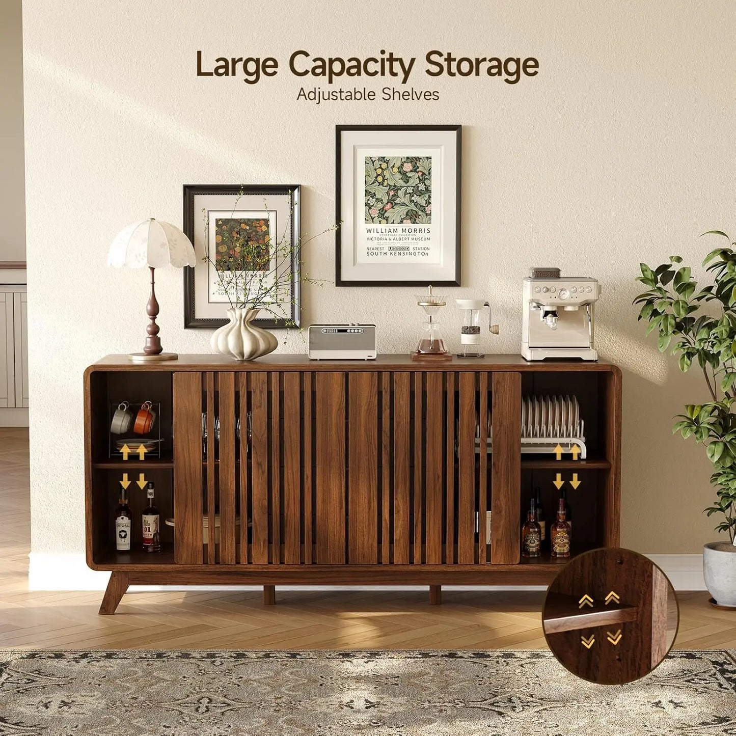 Mid Century Wooden Sideboard Buffet Cabinet With Storage Drawers