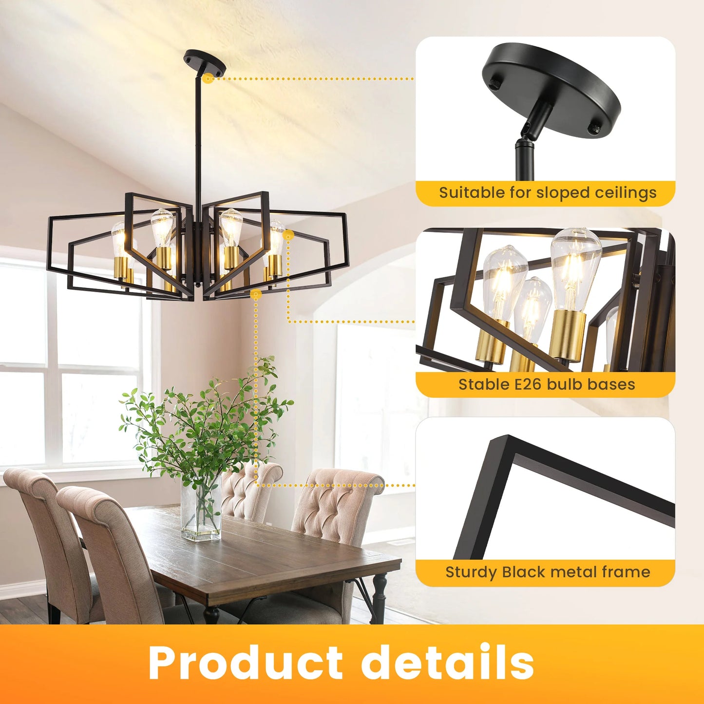 Eight Light Geometric Chandelier With Adjustable Height Metal Pendant