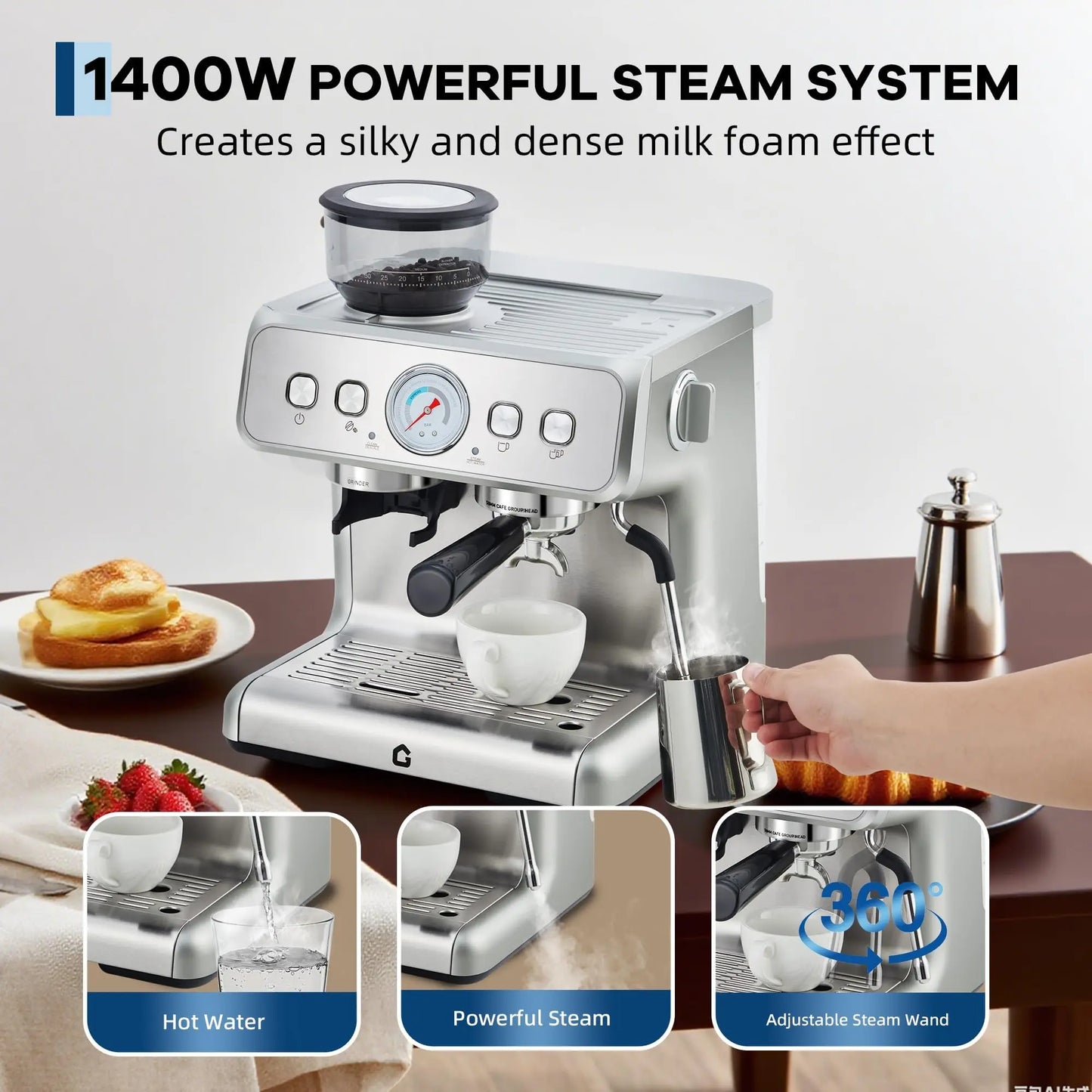 HiMISS Stainless Steel Espresso Machine With Built In Grinder