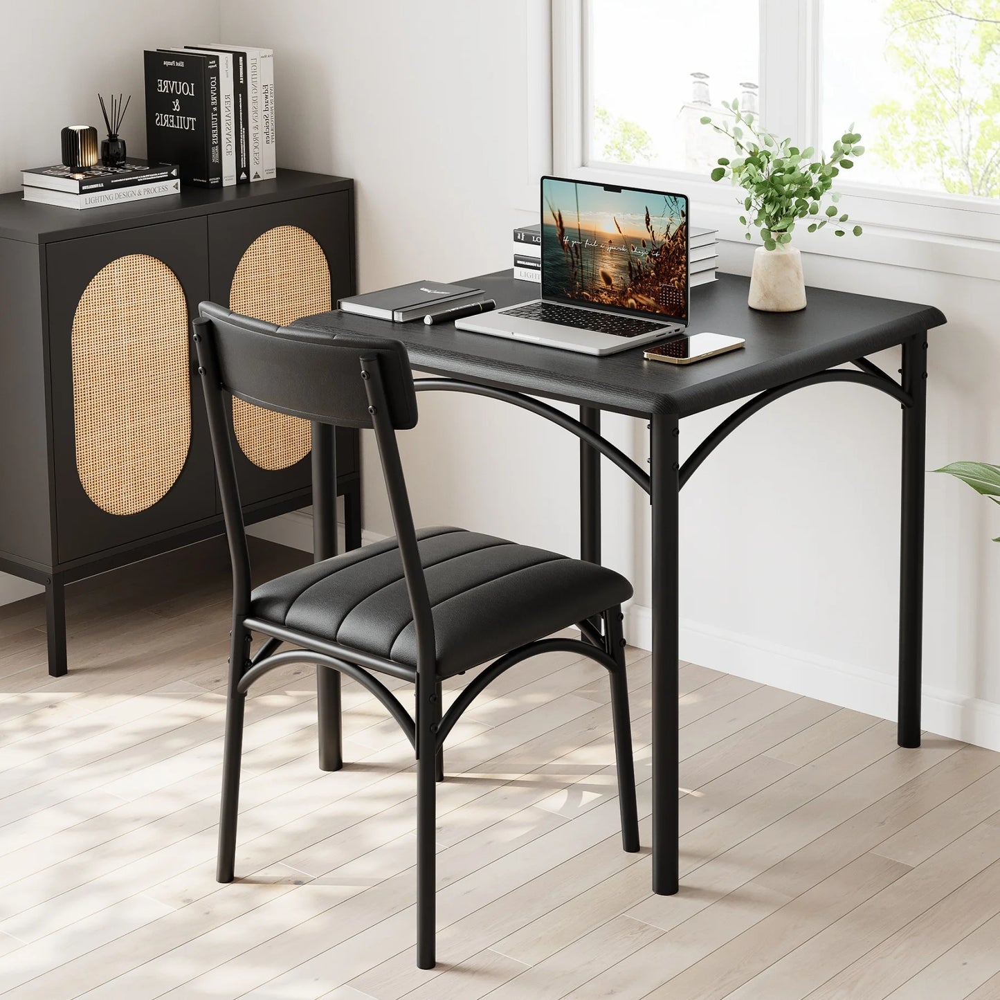 HiMiss Metal Wood Dining Table Set With Upholstered Chairs For Apartments