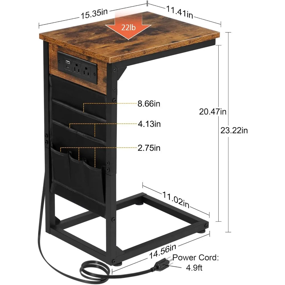 XIUWO C Shaped End Table With Charging Station Storage