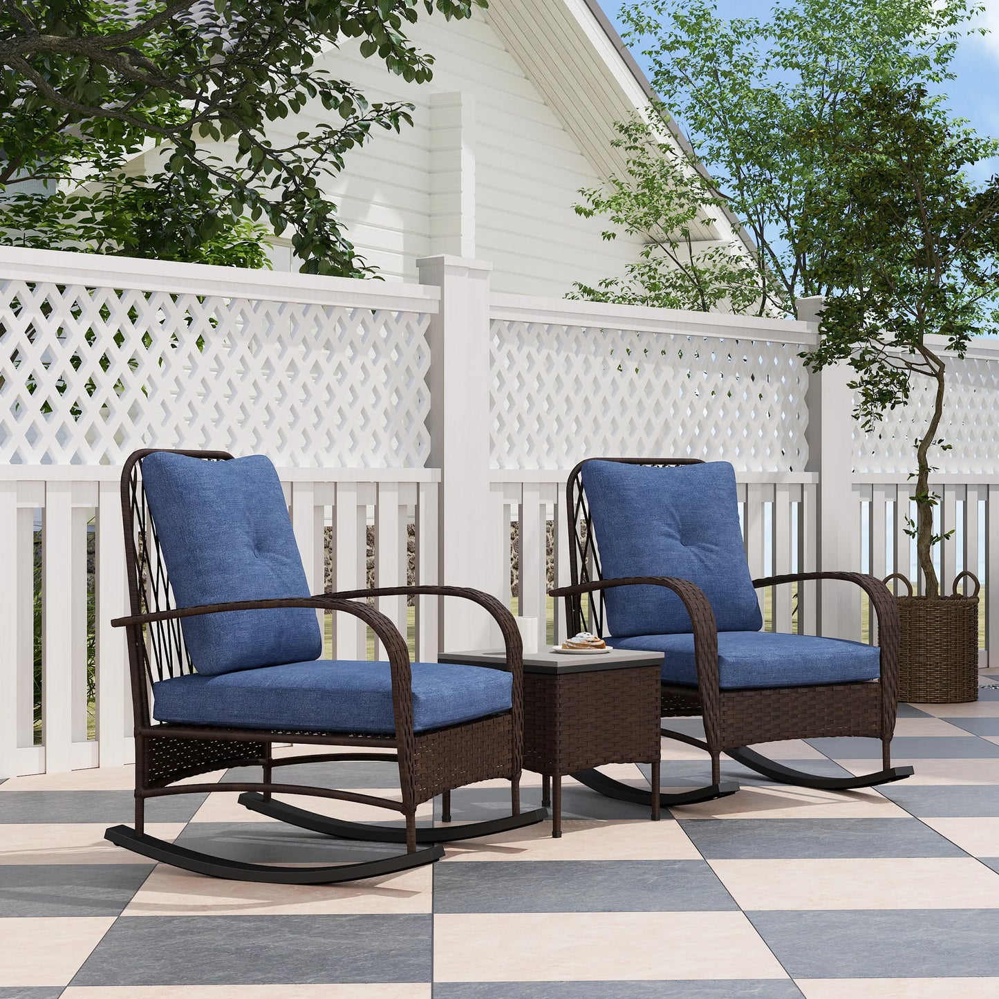 Outsunny Rattan Wicker Patio Rocking Chairs Coffee Table Set