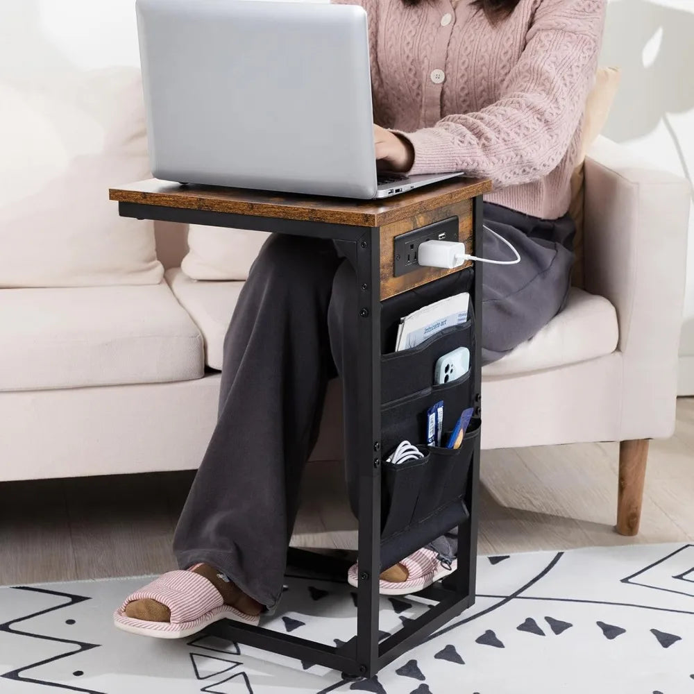 XIUWO C Shaped End Table With Charging Station Storage
