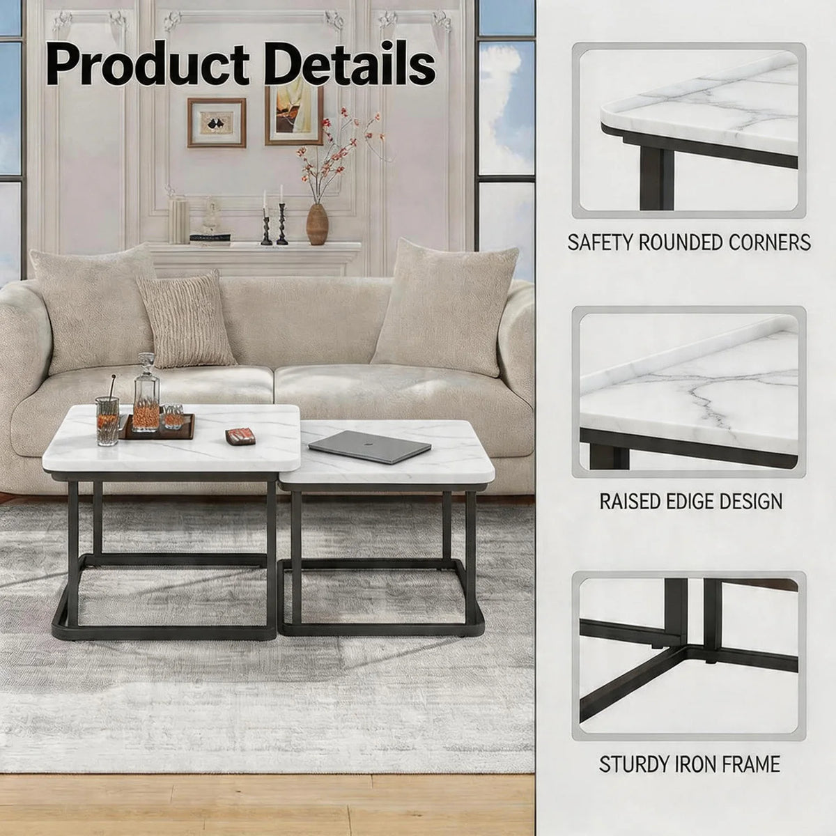 HiMISS Square Nesting Coffee Table Set For Living Room