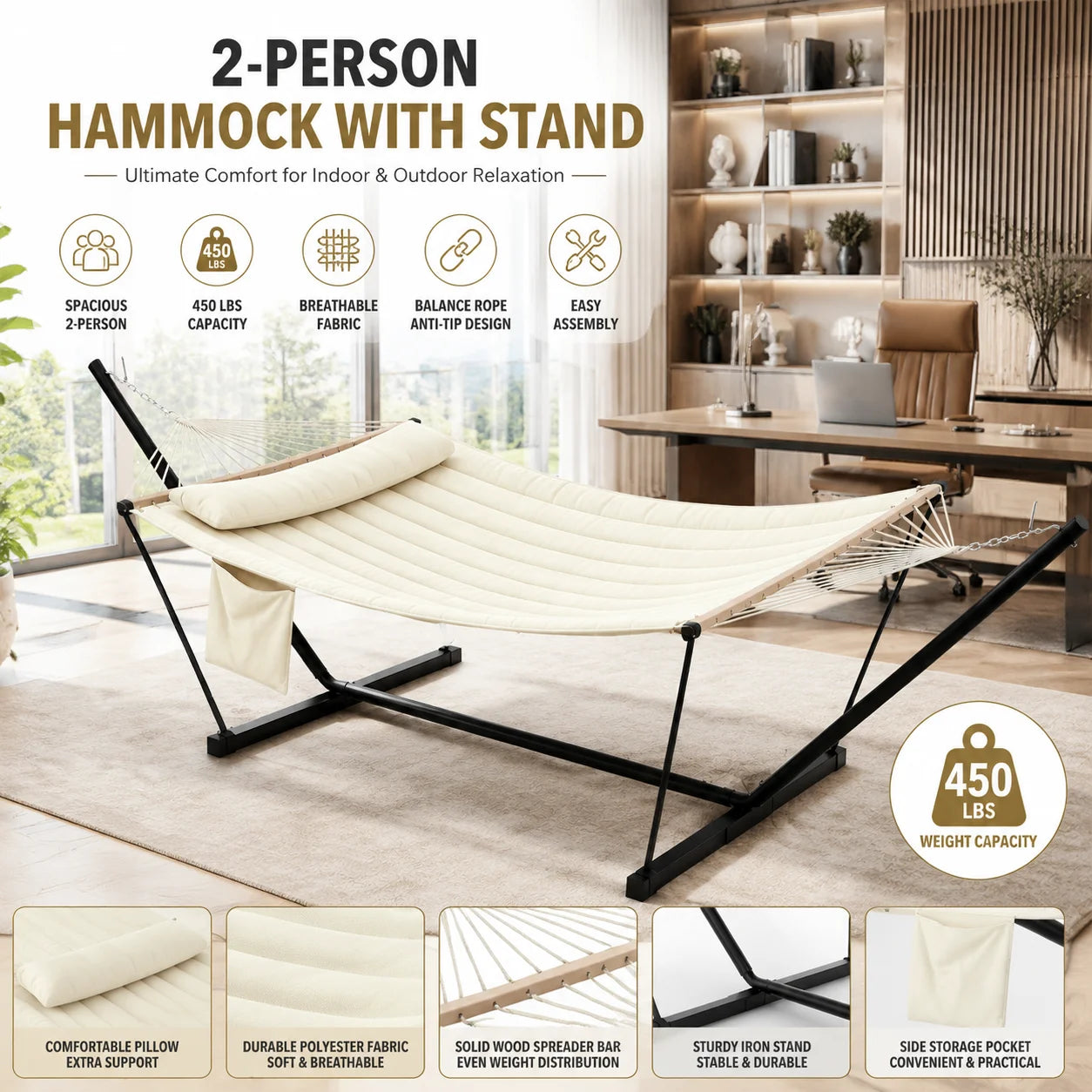 Durable 2 Person Polyester Hammock With Stand And Pillow