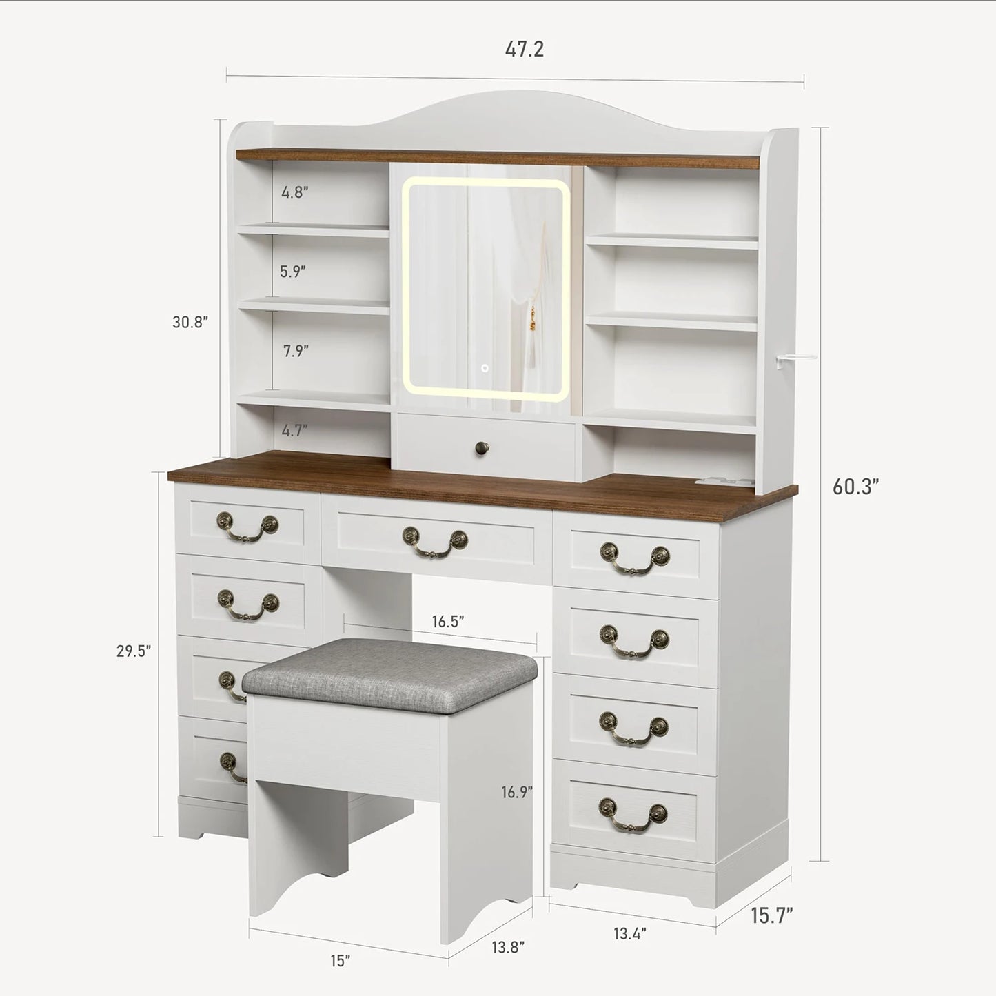 HiMISS Wooden Vanity Desk With Led Mirror And Storage Drawers