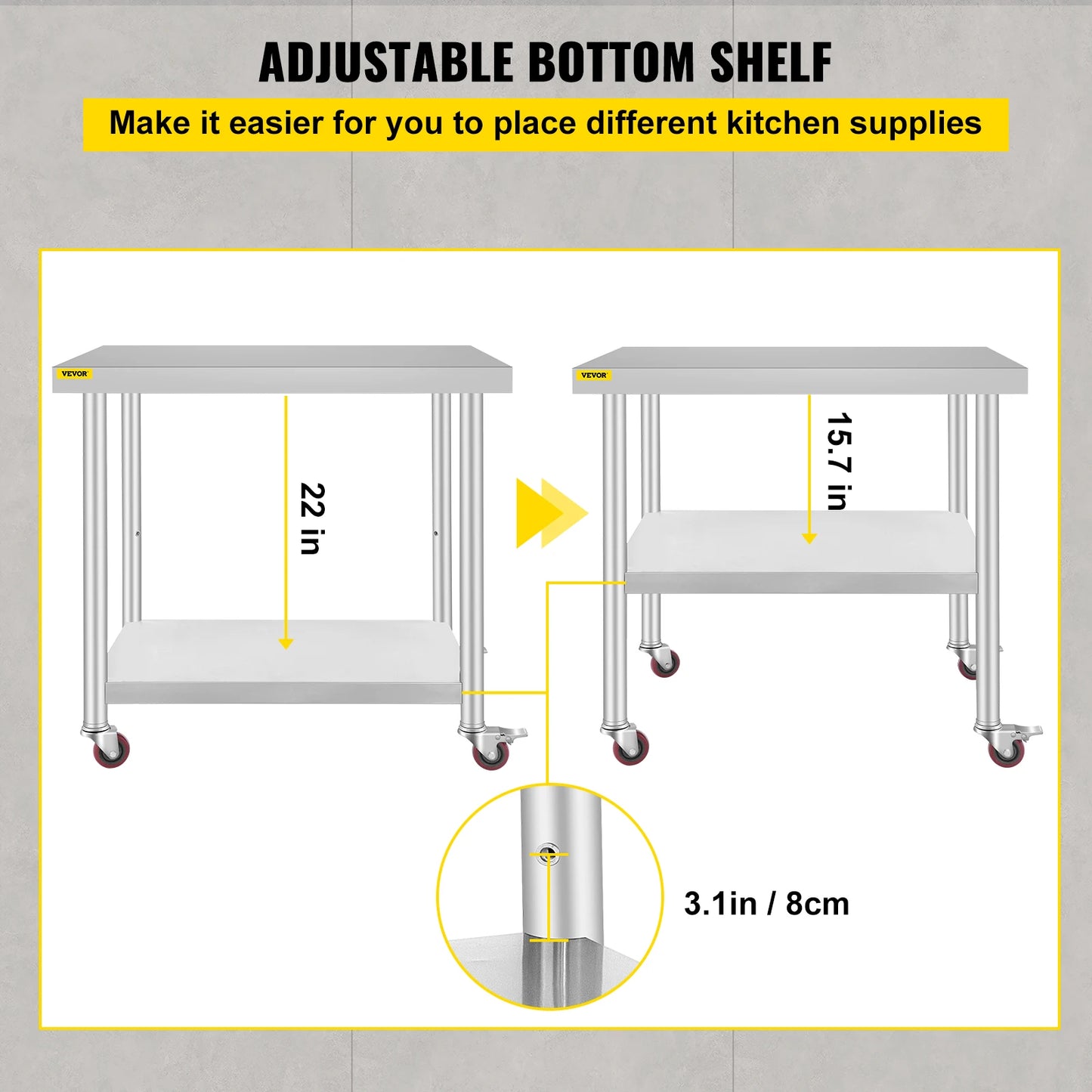 SucceBuy Stainless Steel Kitchen Prep Table With Sturdy Casters