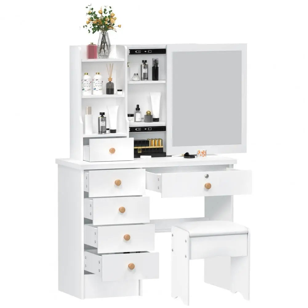 Modern Wooden Vanity Desk With Sliding Mirror and Drawers