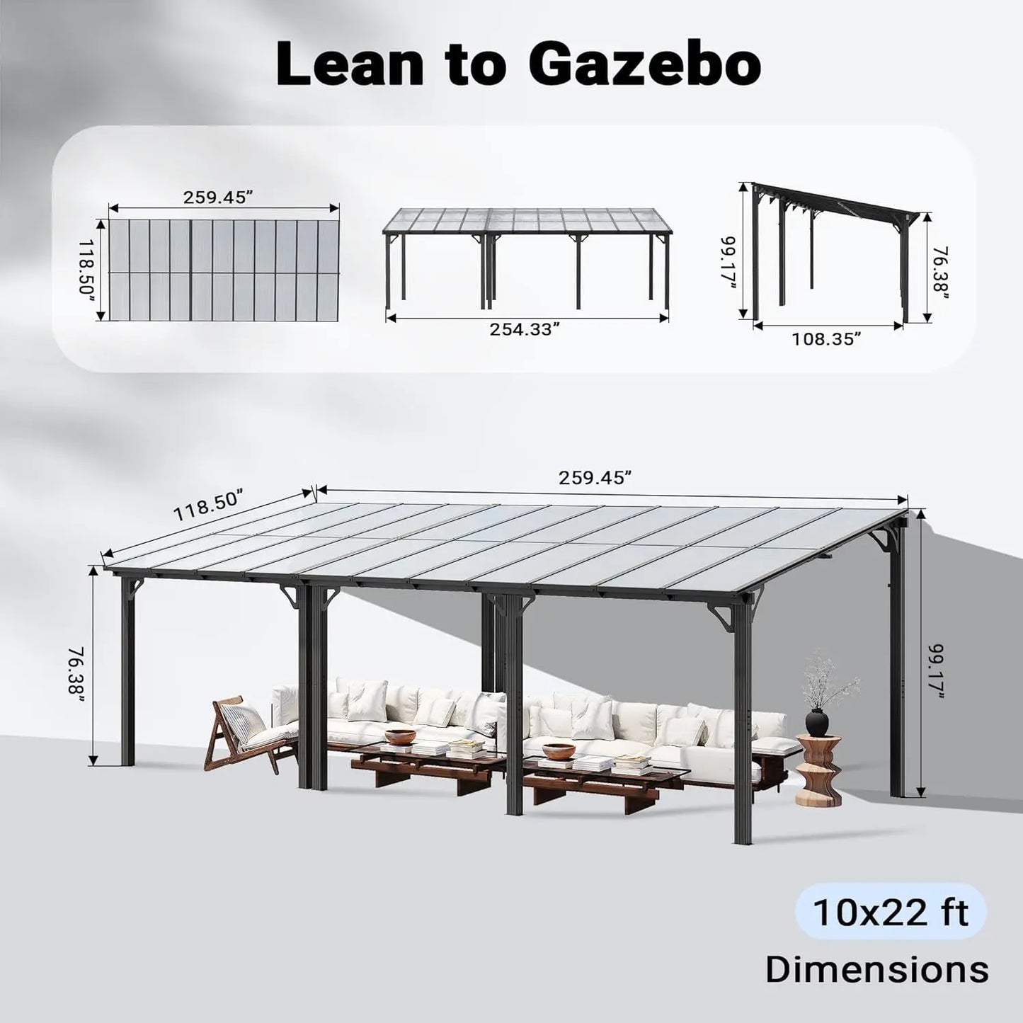 Wall Mounted Lean-To Gazebo With Aluminum Frame And Polycarbonate Roof