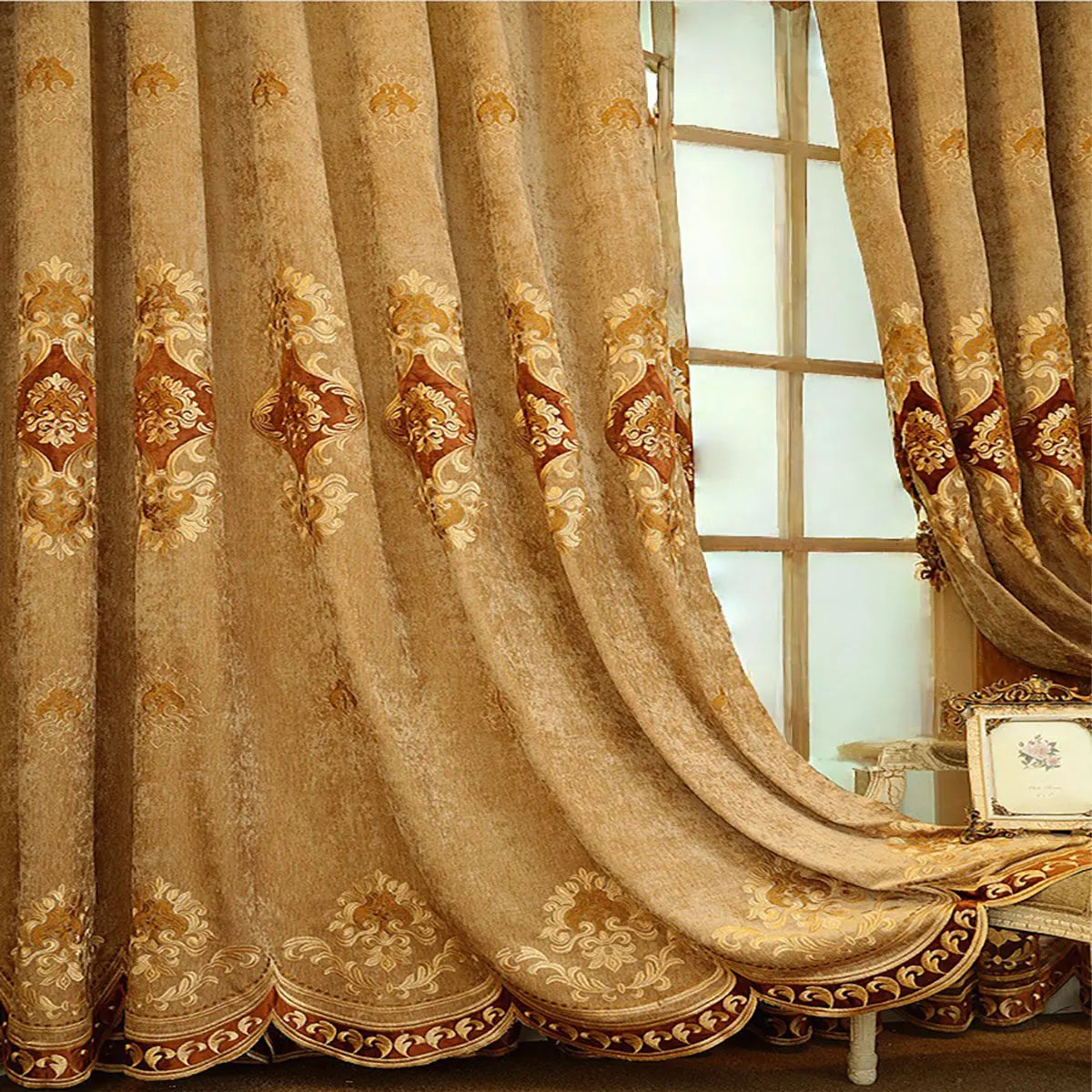 Floral Embroidered Chenille Grommet Top Light Blocking Curtains