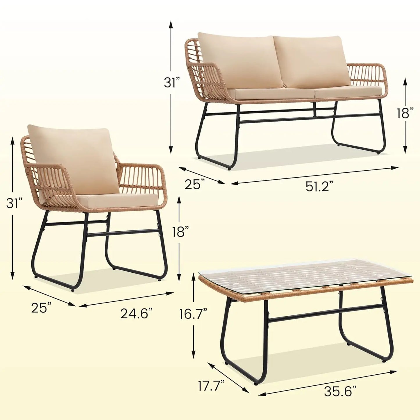 4 Piece Rattan Patio Bistro Set with Modern Style
