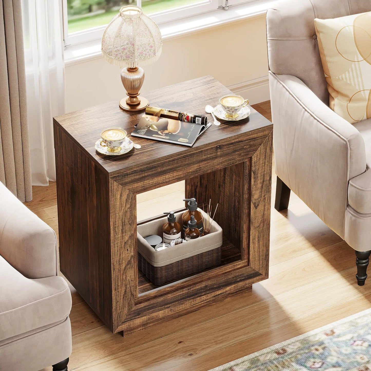 Tribesigns Rustic Wood End Table With Two-Tier Storage Shelf