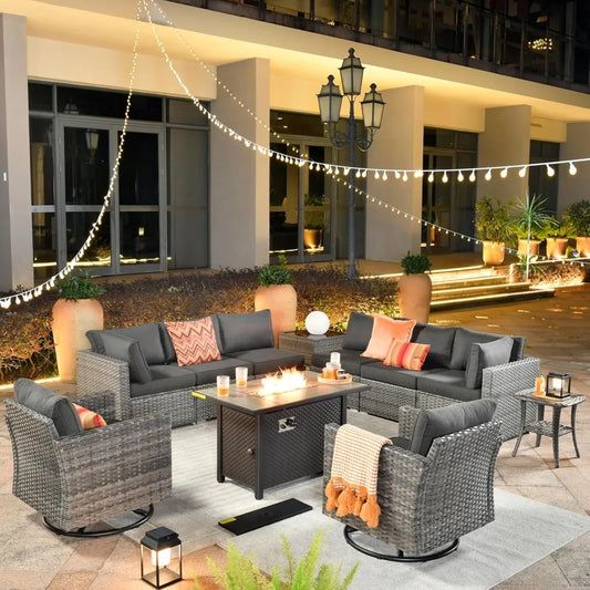 11 Piece Outdoor Patio Furniture Set with Fire Pit Table,Conversation Sectional Wicker Couch with Swivel Chairs,