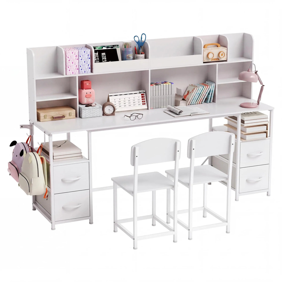 HiMISS Double Kids Desk And Chair Set With Hutch Storage
