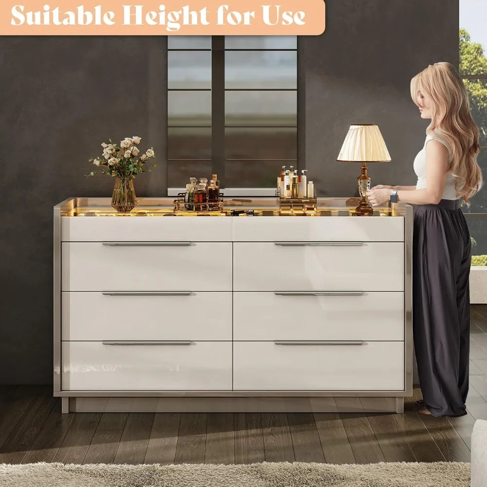 Modern High Gloss 8-Drawer Dresser with LED Lighting, Glass Top and 2 Six-Grid Jewelry Drawers