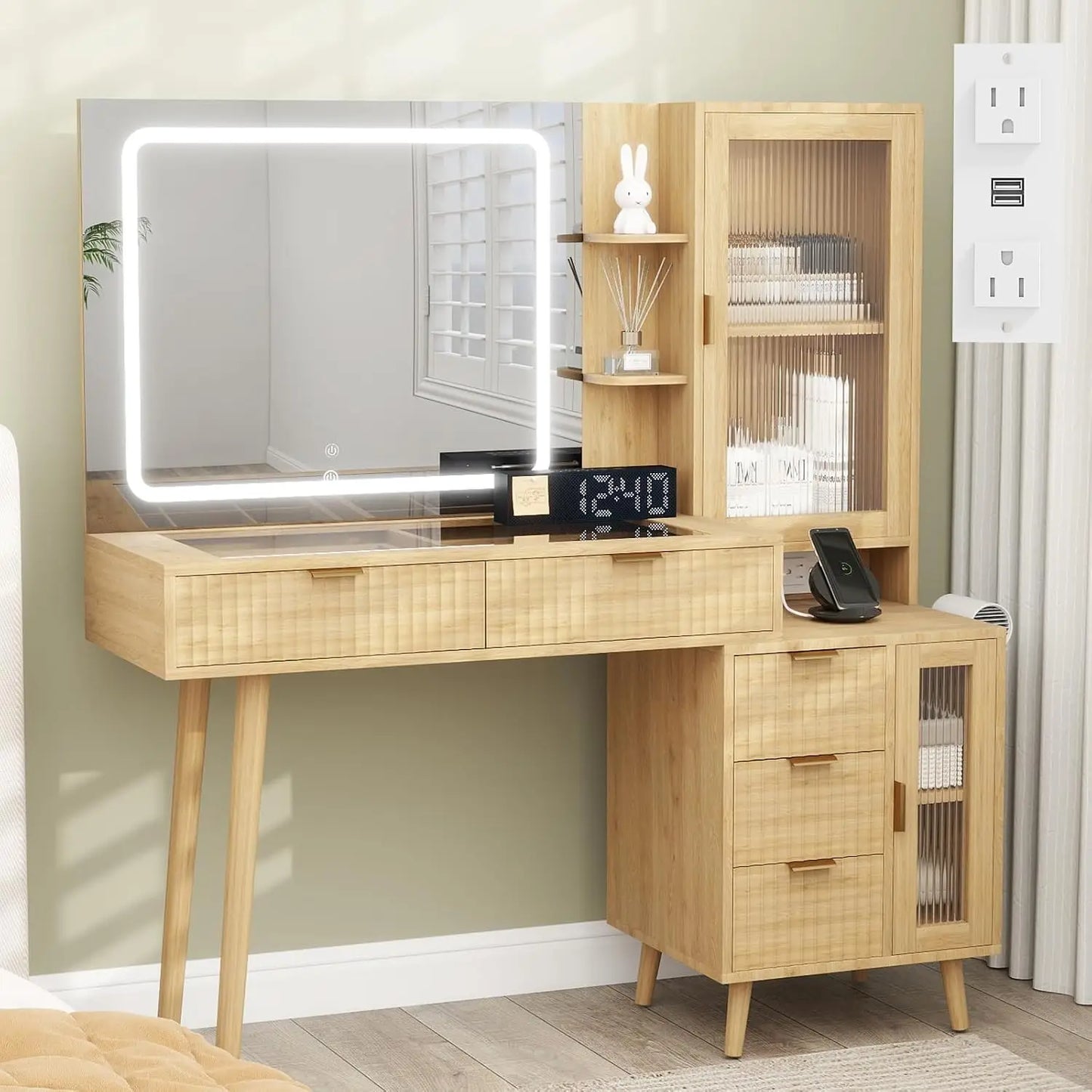 Fluted Boho Vanity Desk With Led Mirror And Charging Station