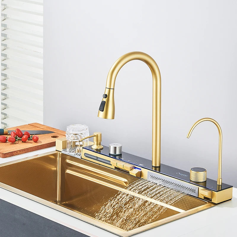 Brushed Golden Smart Digital Display Kitchen Sink Set With Waterfall Faucet