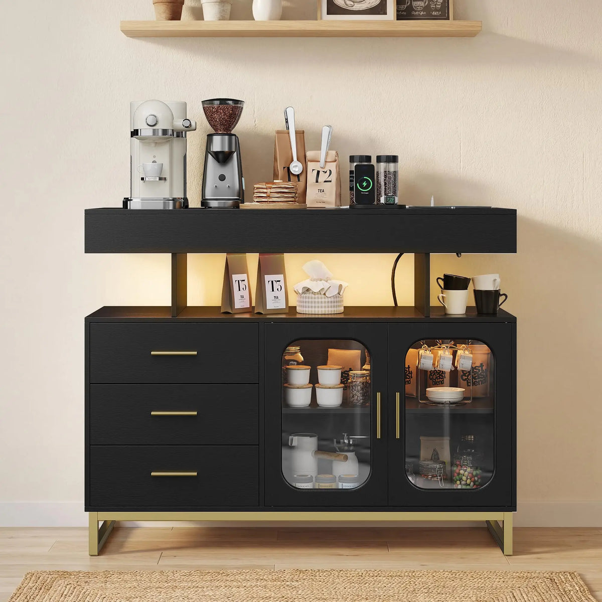 HiMiss Modern Sideboard With LED Lights And Charging Station