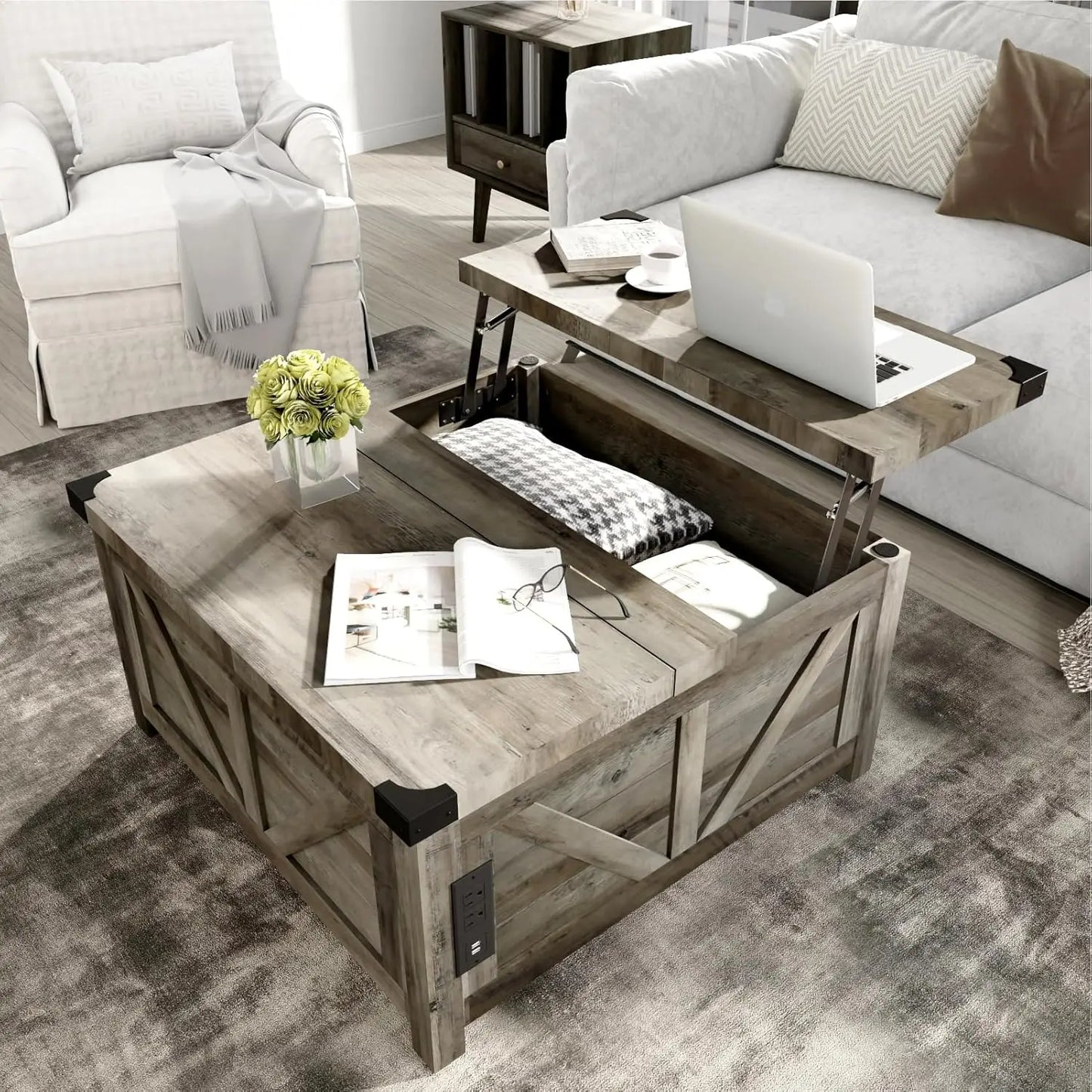 HUANZHUANG Wood Square Coffee Table With Storage And Charging Station