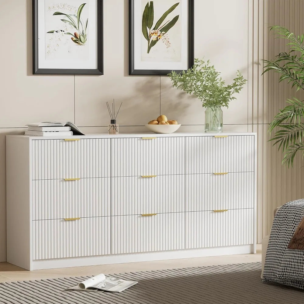 Modern 9 Drawer Dresser With Smooth Slides And Gold Handles