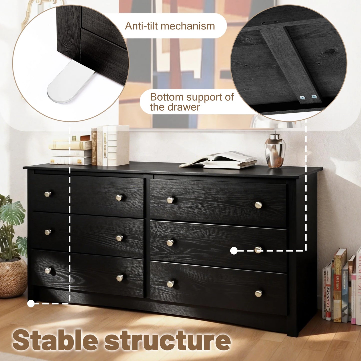 JHK Wood Dresser Cabinet Six Drawers Living Room Storage