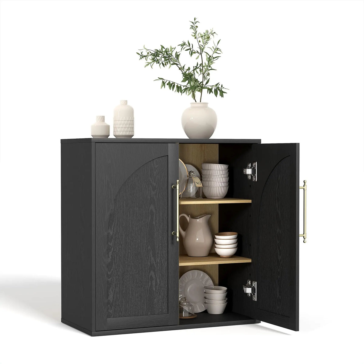 Arched Wood Sideboard Buffet Cabinet With Recessed Panel Doors