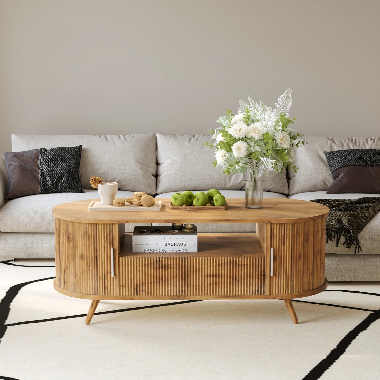 Modern Oval Coffee Table With Storage Drawer And Sliding Doors