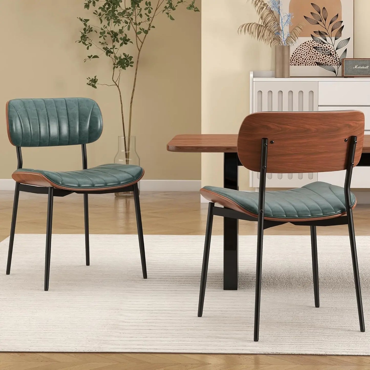 Mid Century Modern Upholstered Dining Chairs With Walnut Bentwood Back