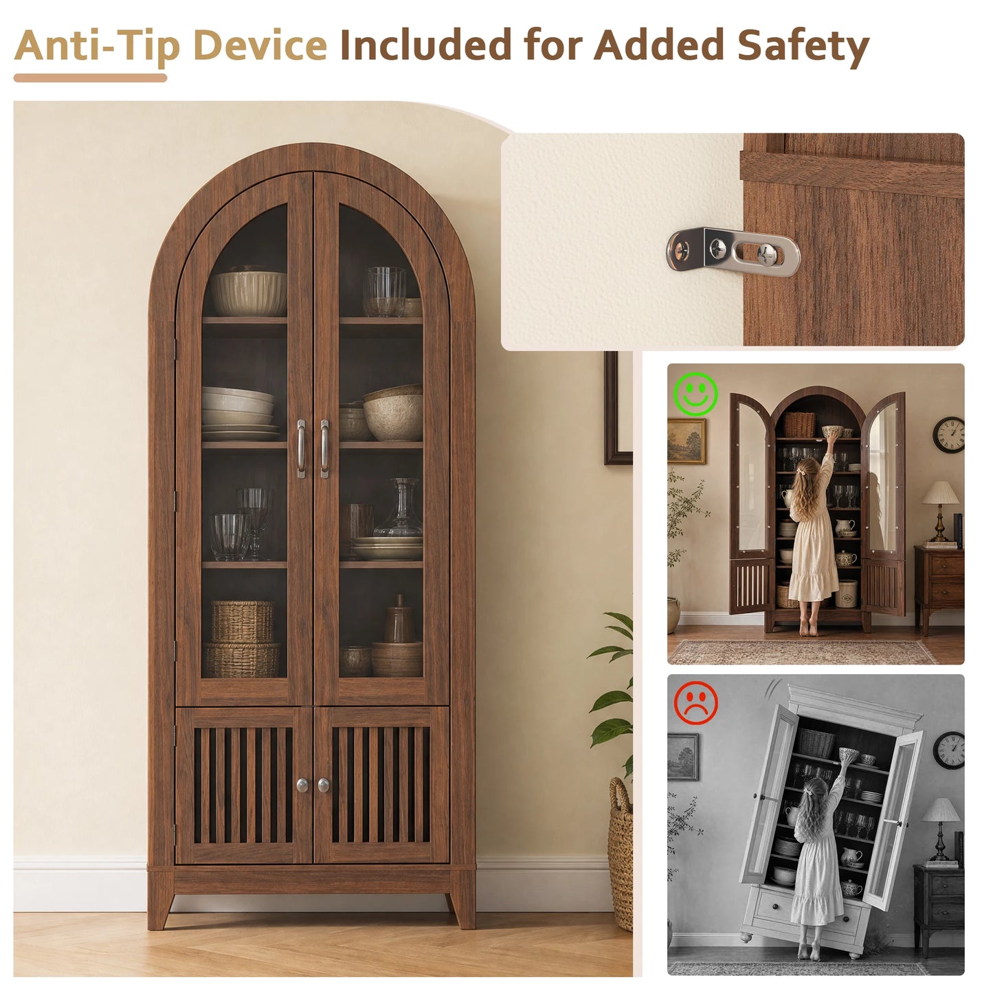 TCGBKAF Modern Farmhouse Arched Display Cabinet With Adjustable Wooden Shelves