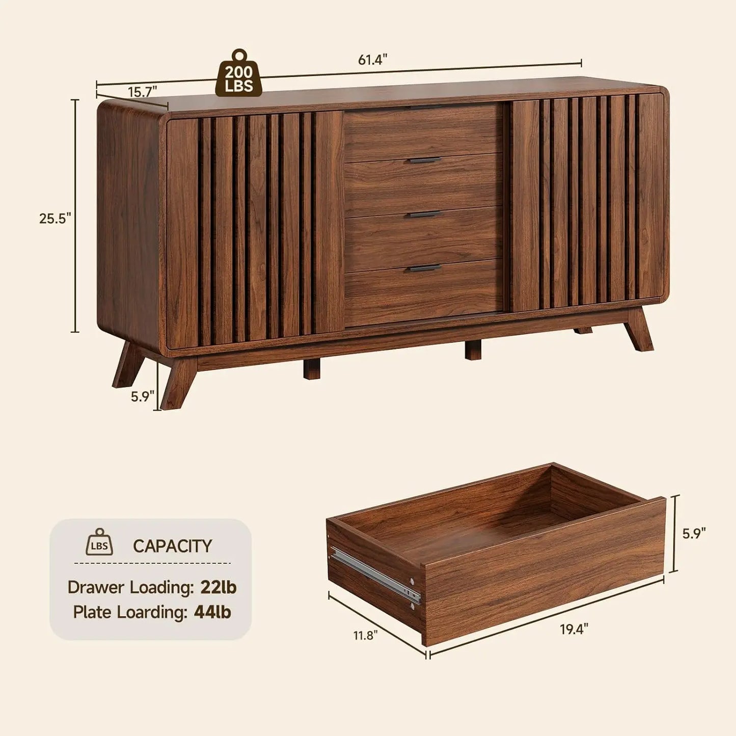 Mid Century Wooden Sideboard Buffet Cabinet With Storage Drawers